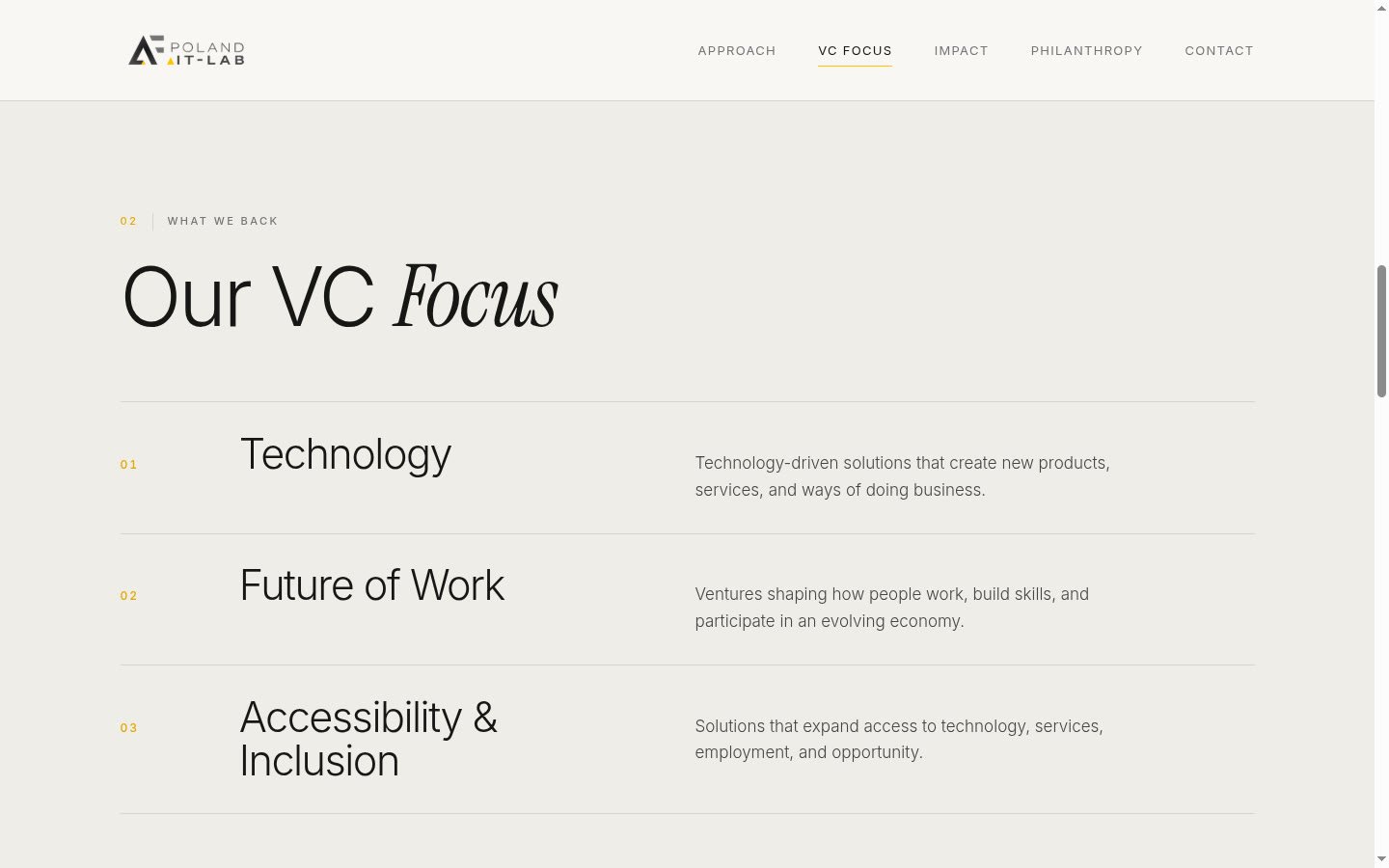 Our VC Focus section — investment areas