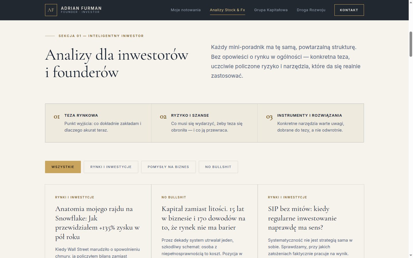 Investment analyses section with category filter