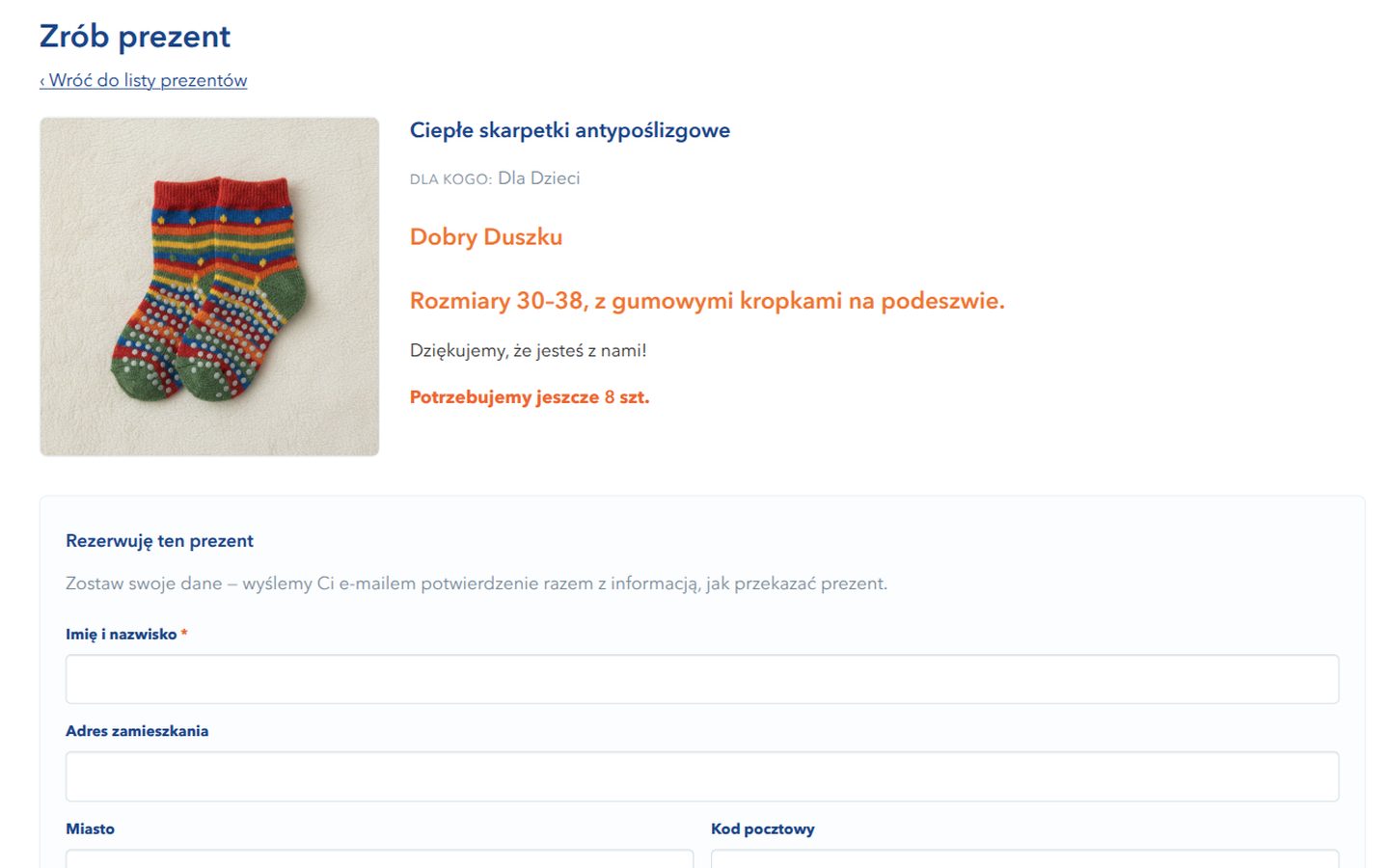 Strona prezentu z formularzem rezerwacji