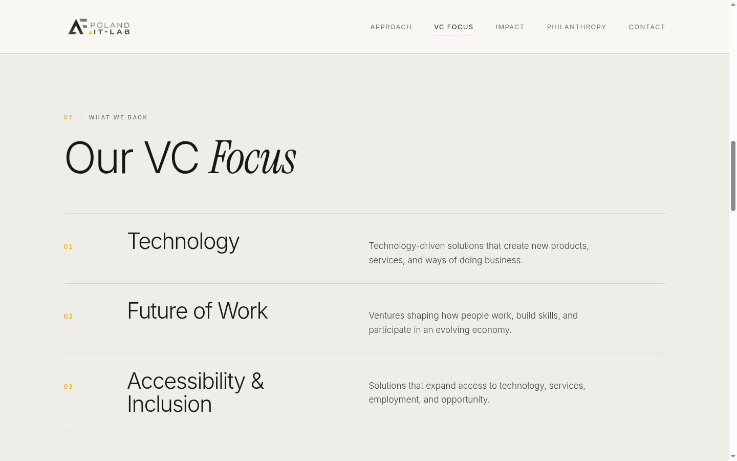 Sekcja Our VC Focus — obszary inwestycji