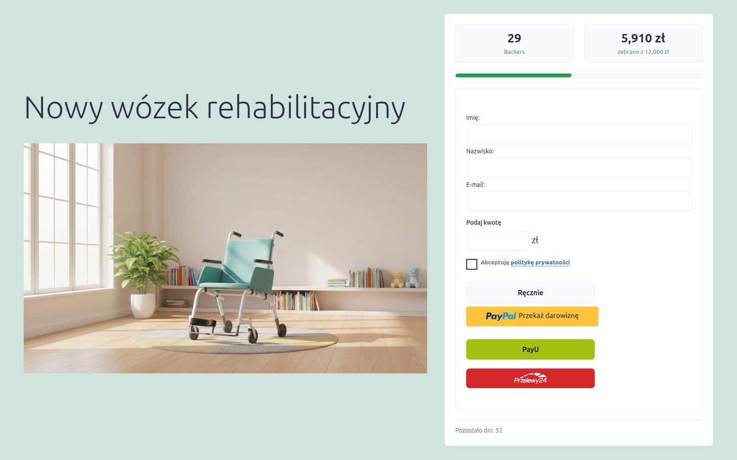 Zbiórka z paskiem postępu i czterema bramkami płatności